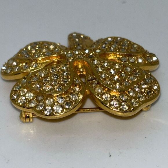 Vtg Joan Rivers signed 4 leaf Clover rhinestone crystal pin brooch shamrock +box - Picture 3 of 8